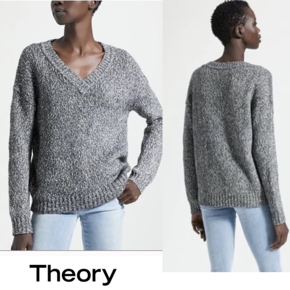 Theory chunky knit wool Blend v neck sweater marled grey sz s LAST PRICE